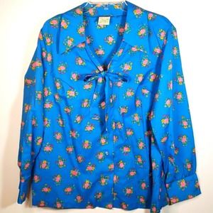 Vintage Patty's Bright Blue Floral Bow Blouse Sz L